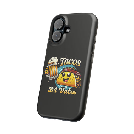 Black iPhone 16 magnetic phone case featuring a playful 'Tacos B4 Vatos' design with a cheerful taco character holding a frothy beer mug. Perfect for taco lovers who want a fun and unique phone accessory.