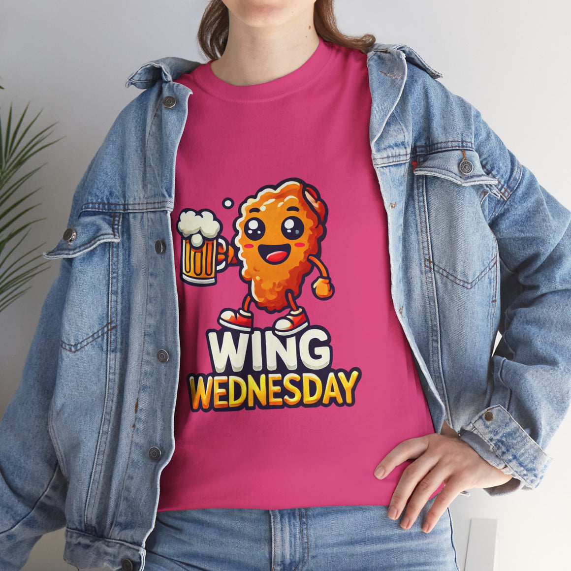 Hot Pink Wing Wednesday' t-shirt featuring a cheerful, cartoon-style chicken wing character holding a beer mug. Perfect for those who love celebrating Wing Wednesday with a fun and playful design.