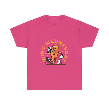 Pink t-shirt featuring a fun 'Wing Wednesday' design with a cartoon-style chicken wing character in motion. Perfect for food lovers and those who enjoy celebrating Wing Wednesday in style."