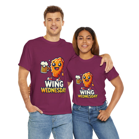 Berry Wing Wednesday' t-shirt featuring a cheerful, cartoon-style chicken wing character holding a beer mug. Perfect for those who love celebrating Wing Wednesday with a fun and playful design.