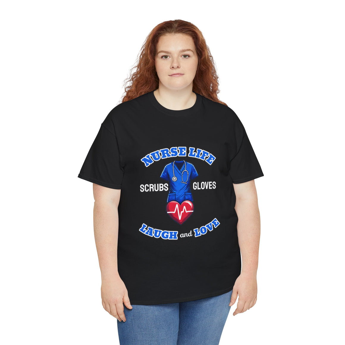 A smiling woman wearing a black T-shirt with the design "Nurse Life - Scrubs, Gloves, Laugh and Love," featuring a stethoscope and heart symbol. This shirt is part of a Nurse Week clothing gift collection, ideal for nurses to celebrate and showcase their dedication. Perfect for Nurse Week clothing gifts for nurses.