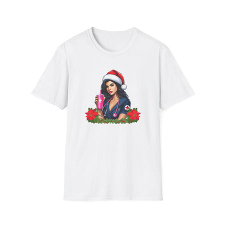 White nurse-themed Christmas t-shirt featuring a stylish nurse in a Santa hat holding a festive pink drink, adorned with poinsettias and holiday greenery. Perfect holiday apparel for nurses looking to add festive cheer to their wardrobe.