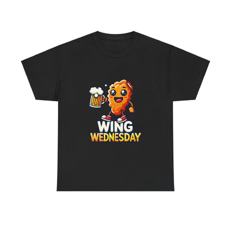 Black 'Wing Wednesday' t-shirt featuring a cheerful, cartoon-style chicken wing character holding a beer mug. Perfect for those who love celebrating Wing Wednesday with a fun and playful design.