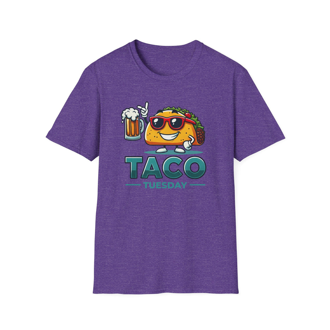 Heather PUrple 'Taco Tuesday' t-shirt featuring a fun taco character wearing sunglasses and holding a frothy beer mug. Perfect for celebrating Taco Tuesday in a playful, foodie-inspired style.