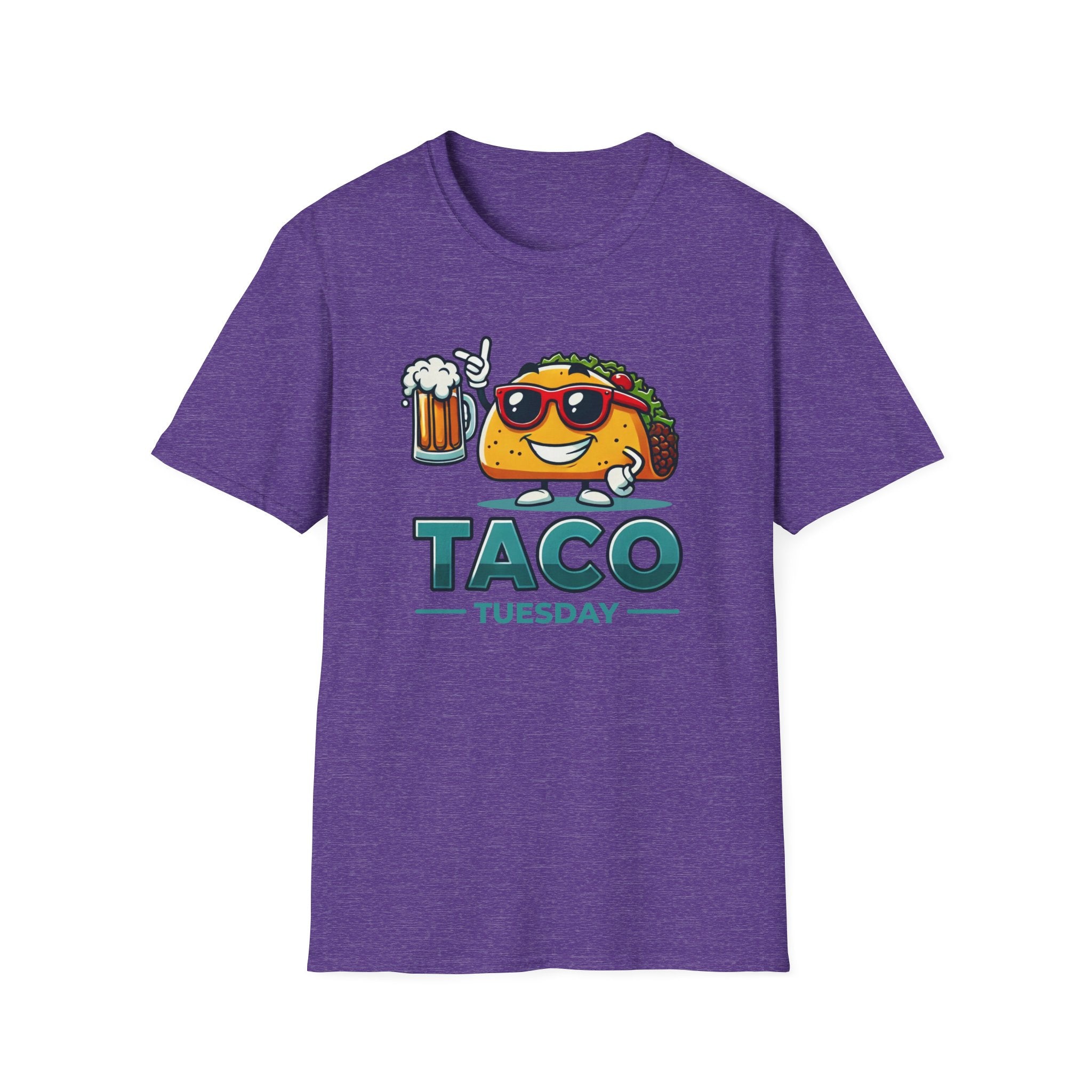 Heather PUrple 'Taco Tuesday' t-shirt featuring a fun taco character wearing sunglasses and holding a frothy beer mug. Perfect for celebrating Taco Tuesday in a playful, foodie-inspired style.