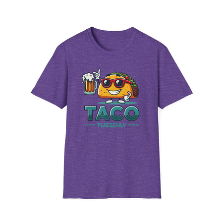 Heather PUrple 'Taco Tuesday' t-shirt featuring a fun taco character wearing sunglasses and holding a frothy beer mug. Perfect for celebrating Taco Tuesday in a playful, foodie-inspired style.