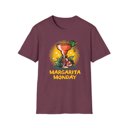 a T-shirt with a "Margarita Monday" design, featuring a vibrant margarita glass illustration and bold yellow text. This is one of the trendy Margarita Monday T-shirt styles, adding a fun and playful vibe to her casual look, perfect for celebrating Margarita Monday in style.