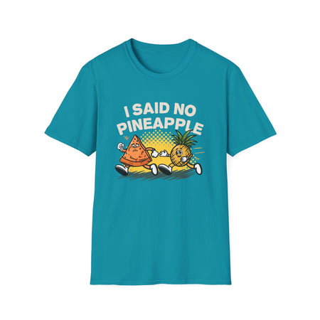 T-shirt featuring a humorous 'I Said No Pineapple' design with animated characters of a pizza slice and a pineapple in a playful scene. Perfect for pizza lovers with a sense of humor about the pineapple-on-pizza debate.