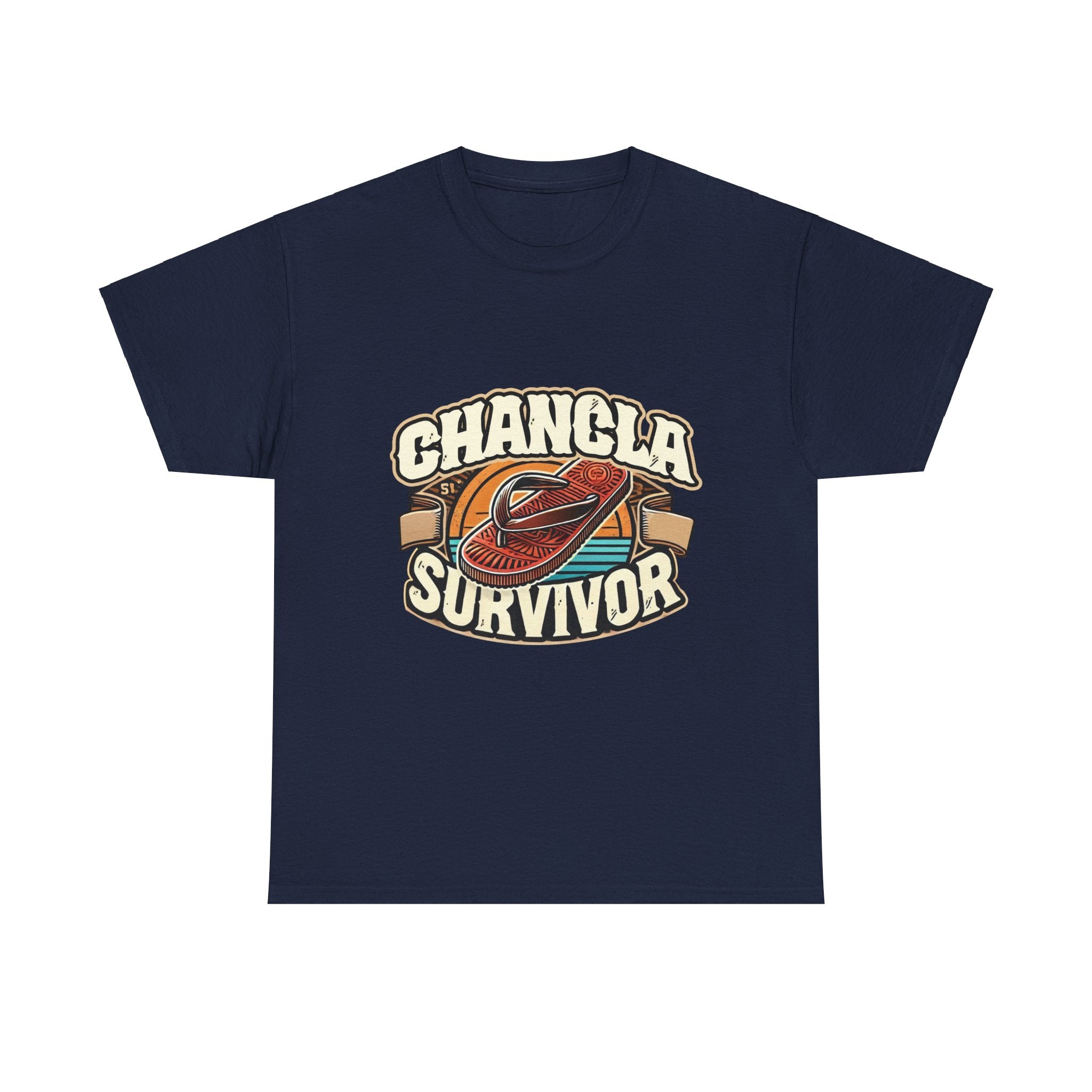 T-shirt featuring a retro-inspired 'Chancla Survivor' design with a graphic of a traditional sandal. Perfect for those with a sense of humor about family discipline and nostalgic cultural references.