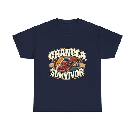 T-shirt featuring a retro-inspired 'Chancla Survivor' design with a graphic of a traditional sandal. Perfect for those with a sense of humor about family discipline and nostalgic cultural references.