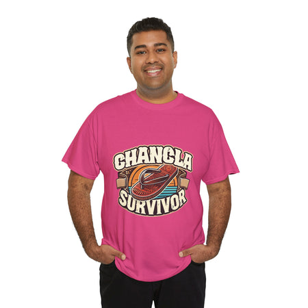 Funny Mexican t-shirt featuring the phrase 'Chancla Survivor. Hot Pink t-shirt featuring a retro-inspired 'Chancla Survivor' design with a graphic of a traditional sandal. Perfect for those with a sense of humor about family discipline and nostalgic cultural references.