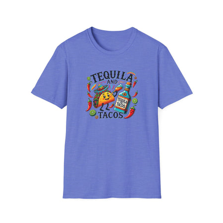 Light Purple t-shirt with a fun 'Tequila and Tacos' design featuring a cheerful taco character, tequila bottle, lime slices, chili peppers, and festive elements. Perfect for taco and tequila enthusiasts who enjoy celebrating with a vibrant, fiesta-inspired style.