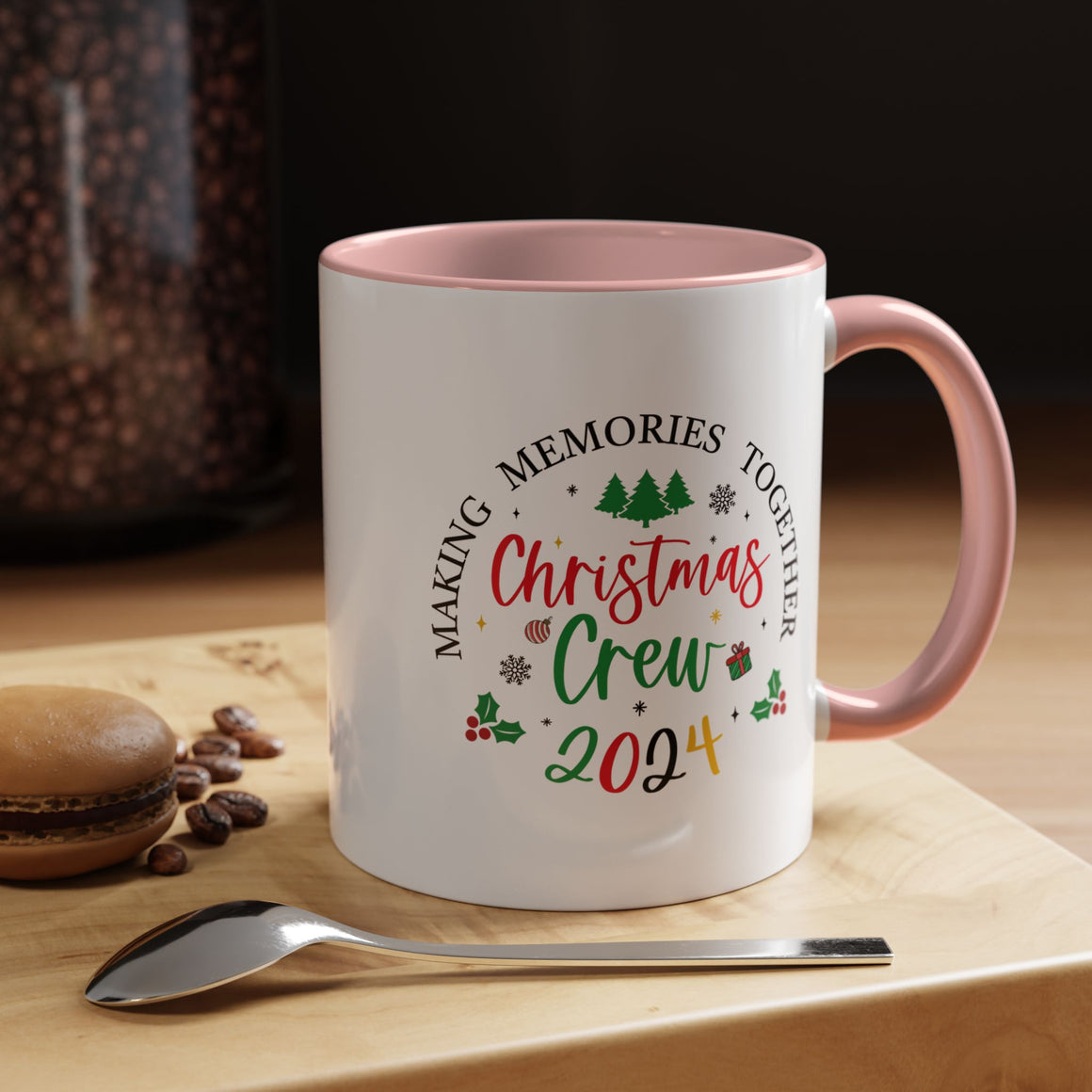 Festive coffee cup design featuring the text 'Christmas Crew 2024' in red and green with holiday elements like Christmas trees, holly, ornaments, and a gift box. Perfect for holiday gatherings and festive cheer.