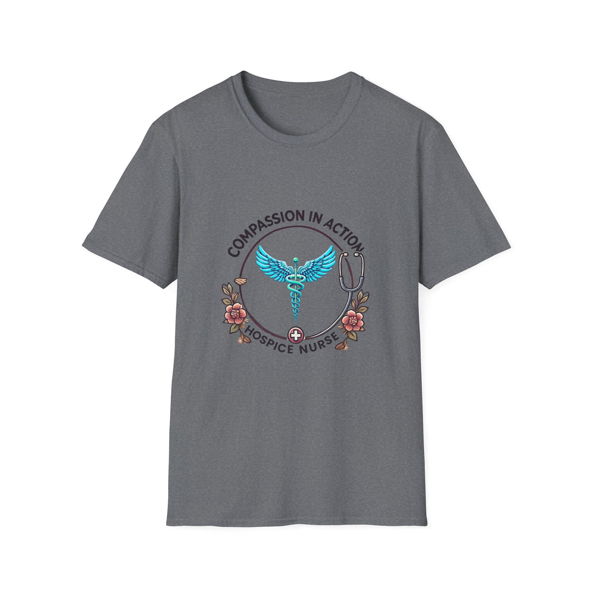 Grey hospice nurse t-shirt featuring the phrase 'Compassion in Action' with a medical caduceus symbol, flowers, and stethoscope graphic. Ideal for hospice nurses who bring compassion and care to their work.