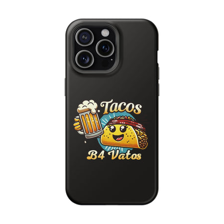 Black iPhone 16 magnetic phone case featuring a playful 'Tacos B4 Vatos' design with a cheerful taco character holding a frothy beer mug. Perfect for taco lovers who want a fun and unique phone accessory.