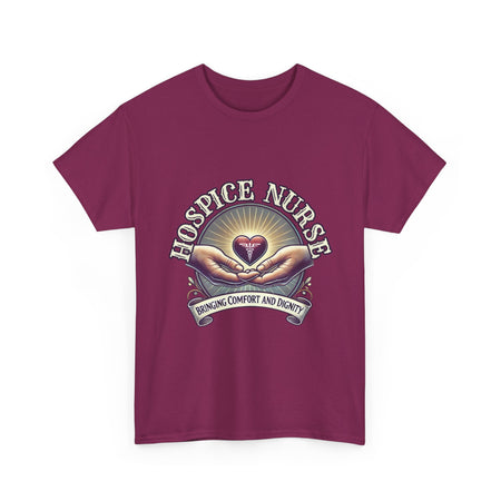 Hospice nurse t-shirt featuring a compassionate design with hands holding a heart and the phrase 'Bringing Comfort and Dignity,' symbolizing the care and support provided by hospice nurses. Ideal for hospice nurses who are dedicated to their mission.