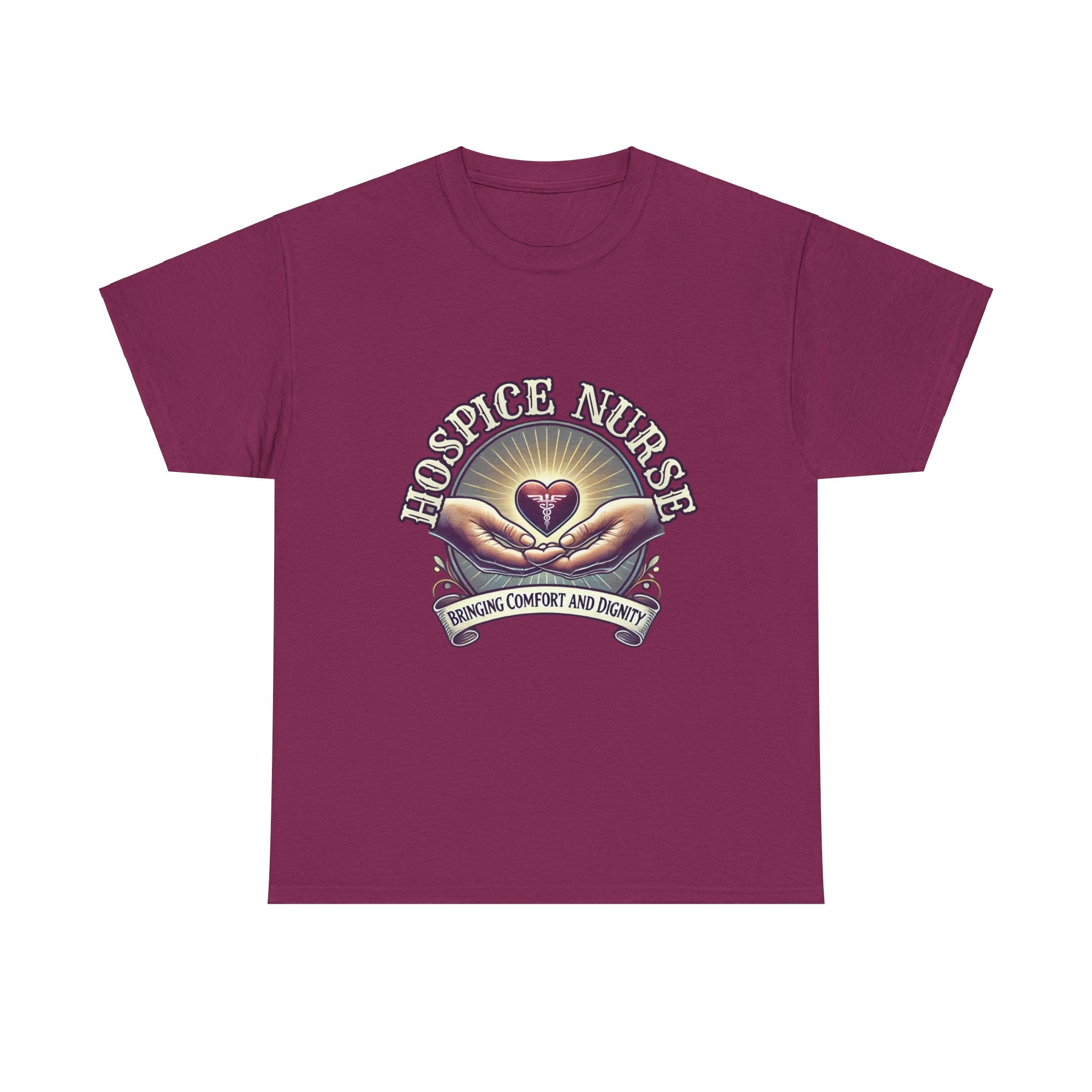 Berry Hospice nurse t-shirt featuring a compassionate design with hands holding a heart and the phrase 'Bringing Comfort and Dignity,' symbolizing the care and support provided by hospice nurses. Ideal for hospice nurses who are dedicated to their mission.