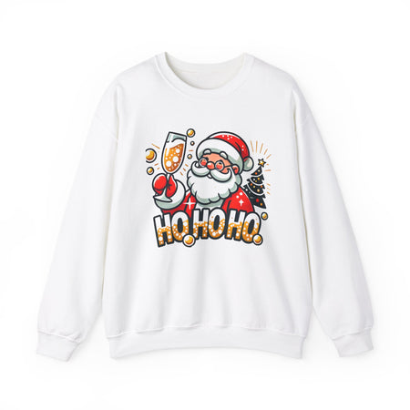 White Christmas sweatshirt featuring a cheerful Santa holding a champagne glass, next to a decorated Christmas tree and the festive text 'Ho Ho Ho.' A fun holiday sweatshirt perfect for adding Christmas cheer to any celebration.