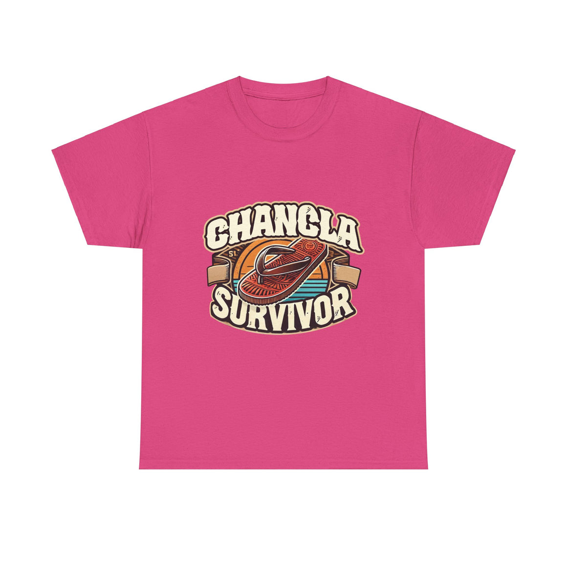 Hot Pink T-shirt featuring a retro-inspired 'Chancla Survivor' design with a graphic of a traditional sandal. Perfect for those with a sense of humor about family discipline and nostalgic cultural references.