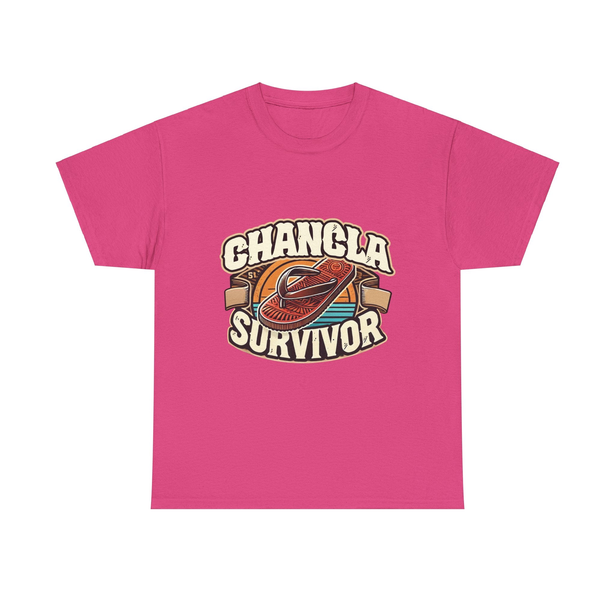 Hot Pink T-shirt featuring a retro-inspired 'Chancla Survivor' design with a graphic of a traditional sandal. Perfect for those with a sense of humor about family discipline and nostalgic cultural references.