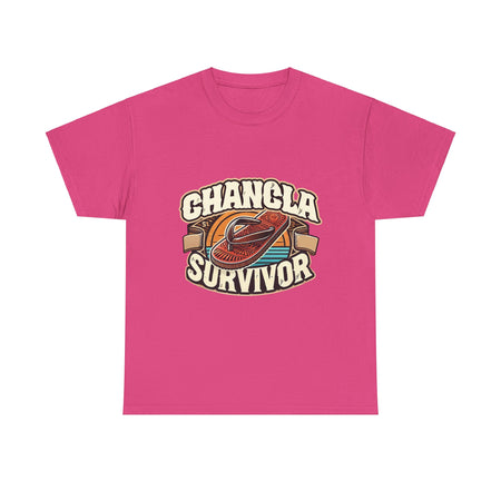 Hot Pink T-shirt featuring a retro-inspired 'Chancla Survivor' design with a graphic of a traditional sandal. Perfect for those with a sense of humor about family discipline and nostalgic cultural references.