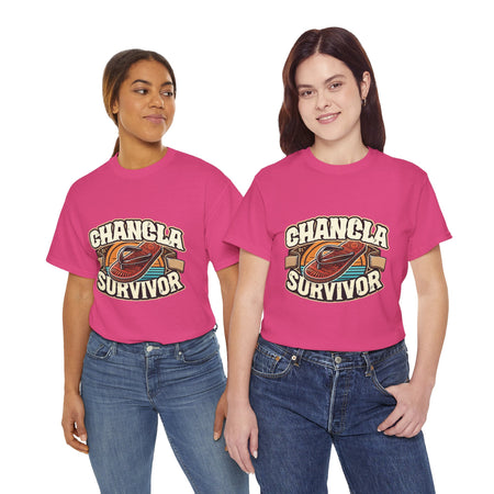 Funny Mexican t-shirt featuring the phrase 'Chancla Survivor. Hot Pink t-shirt featuring a retro-inspired 'Chancla Survivor' design with a graphic of a traditional sandal. Perfect for those with a sense of humor about family discipline and nostalgic cultural references.
