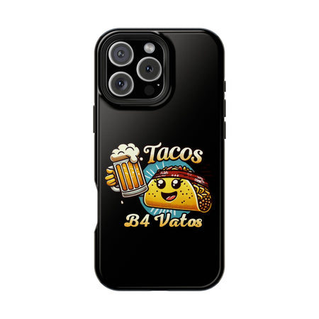 Black iPhone 16 magnetic phone case featuring a playful 'Tacos B4 Vatos' design with a cheerful taco character holding a frothy beer mug. Perfect for taco lovers who want a fun and unique phone accessory.