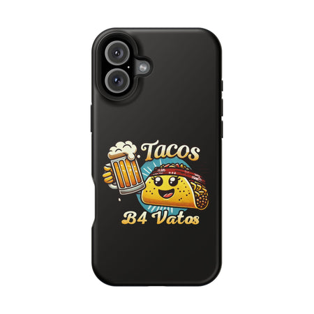 Black iPhone 16 magnetic phone case featuring a playful 'Tacos B4 Vatos' design with a cheerful taco character holding a frothy beer mug. Perfect for taco lovers who want a fun and unique phone accessory.