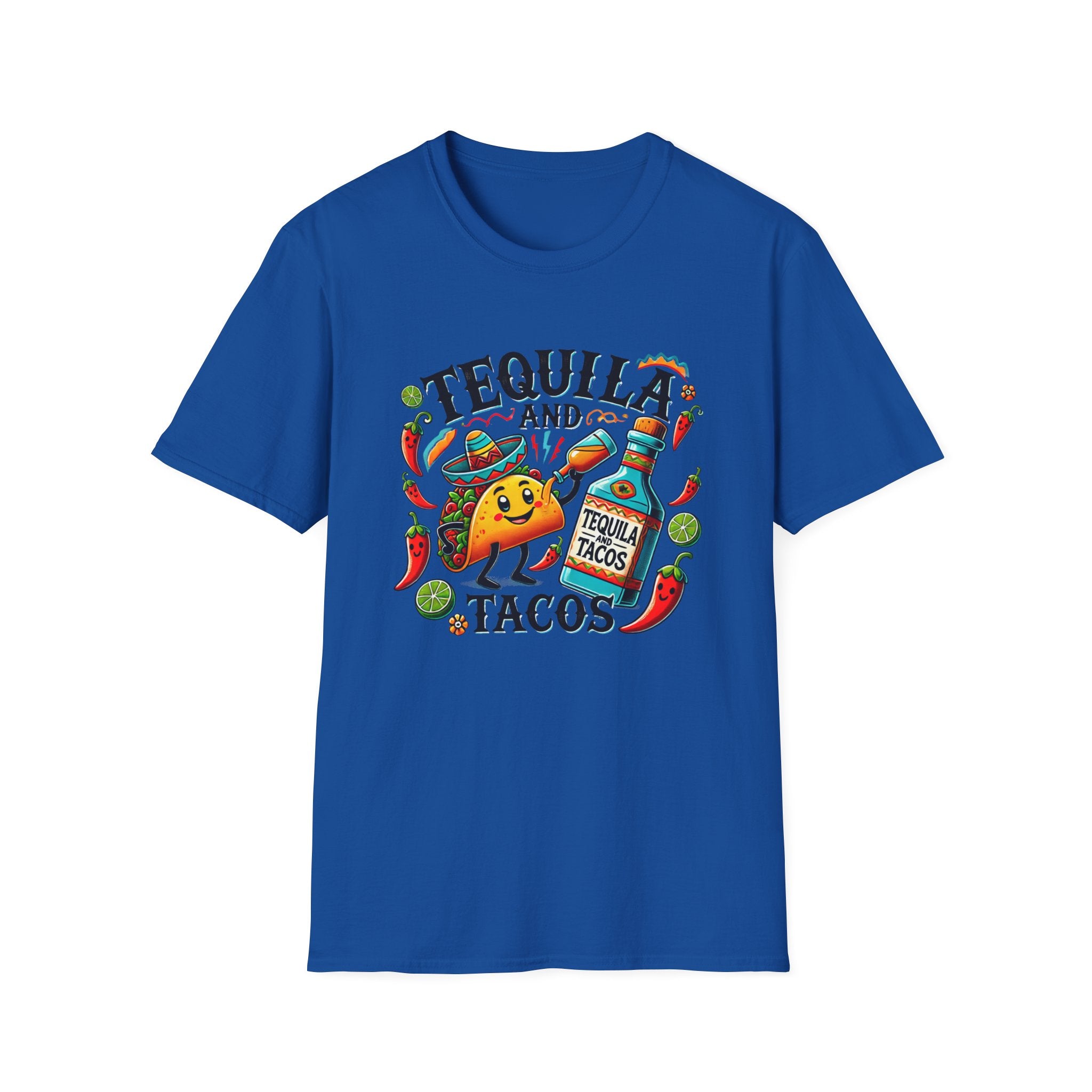 T-shirt with a fun 'Tequila and Tacos' design featuring a cheerful taco character, tequila bottle, lime slices, chili peppers, and festive elements. Perfect for taco and tequila enthusiasts who enjoy celebrating with a vibrant, fiesta-inspired style.