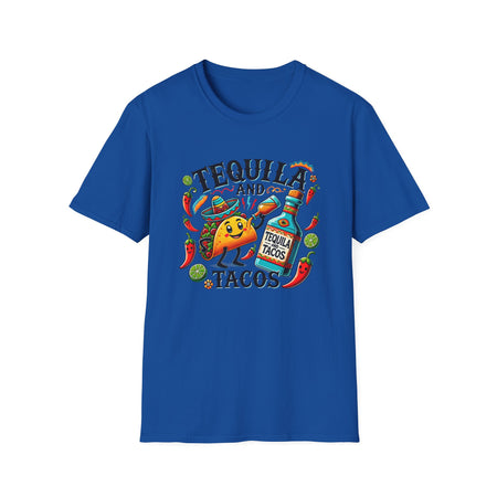 T-shirt with a fun 'Tequila and Tacos' design featuring a cheerful taco character, tequila bottle, lime slices, chili peppers, and festive elements. Perfect for taco and tequila enthusiasts who enjoy celebrating with a vibrant, fiesta-inspired style.