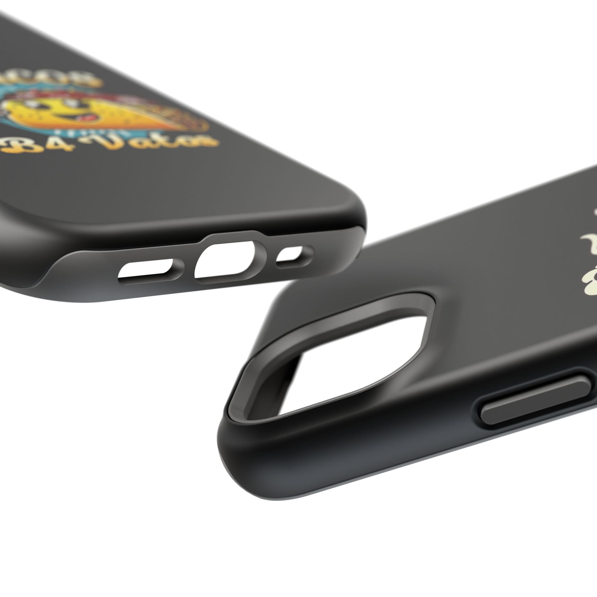 Black iPhone 16 magnetic phone case featuring a playful 'Tacos B4 Vatos' design with a cheerful taco character holding a frothy beer mug. Perfect for taco lovers who want a fun and unique phone accessory.
