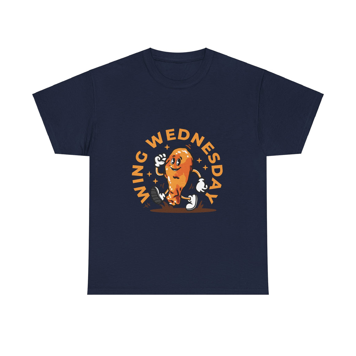 Navy Blue t-shirt featuring a fun 'Wing Wednesday' design with a cartoon-style chicken wing character in motion. Perfect for food lovers and those who enjoy celebrating Wing Wednesday in style."