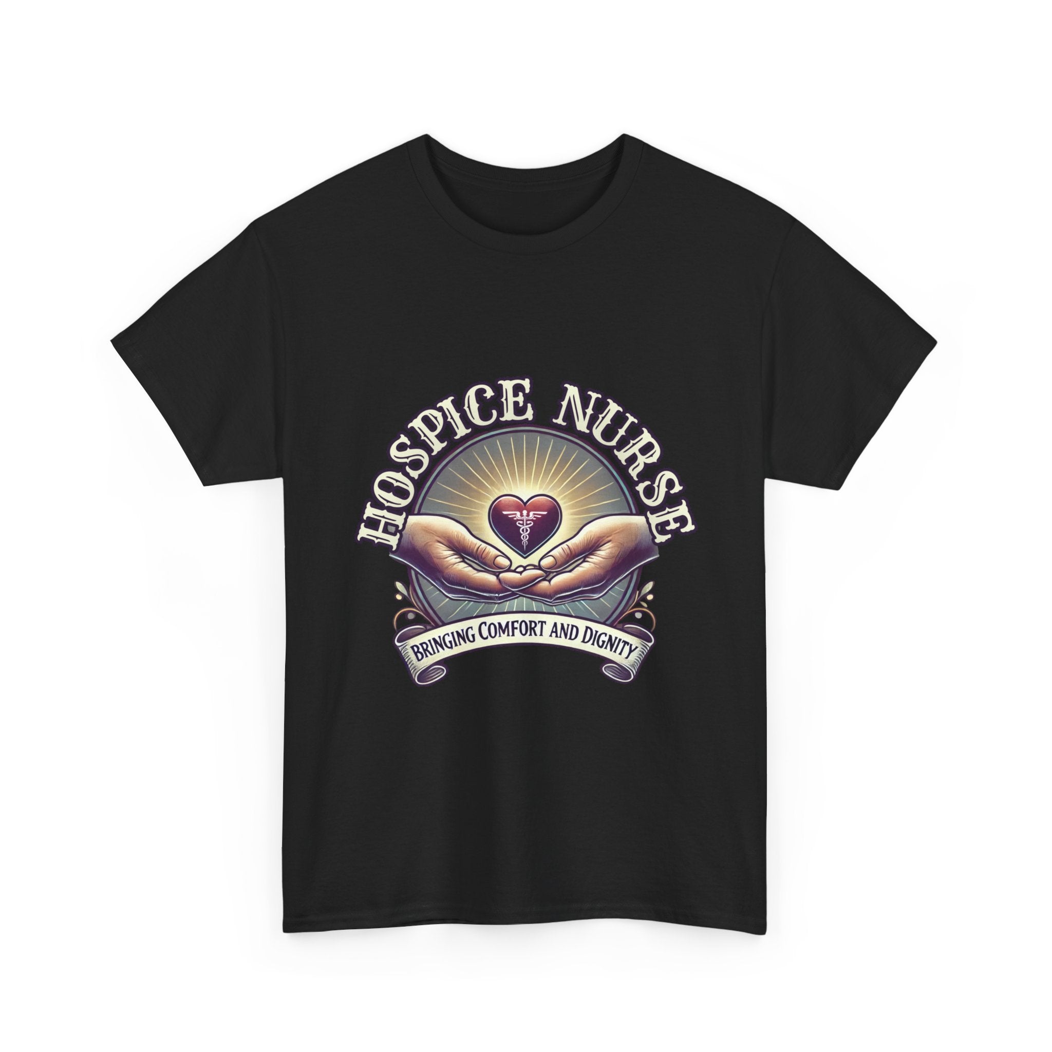 Black Hospice nurse t-shirt featuring a compassionate design with hands holding a heart and the phrase 'Bringing Comfort and Dignity,' symbolizing the care and support provided by hospice nurses. Ideal for hospice nurses who are dedicated to their mission.