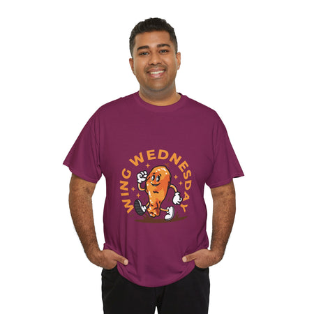 T-shirt featuring a fun 'Wing Wednesday' design with a cartoon-style chicken wing character in motion. Perfect for food lovers and those who enjoy celebrating Wing Wednesday in style.