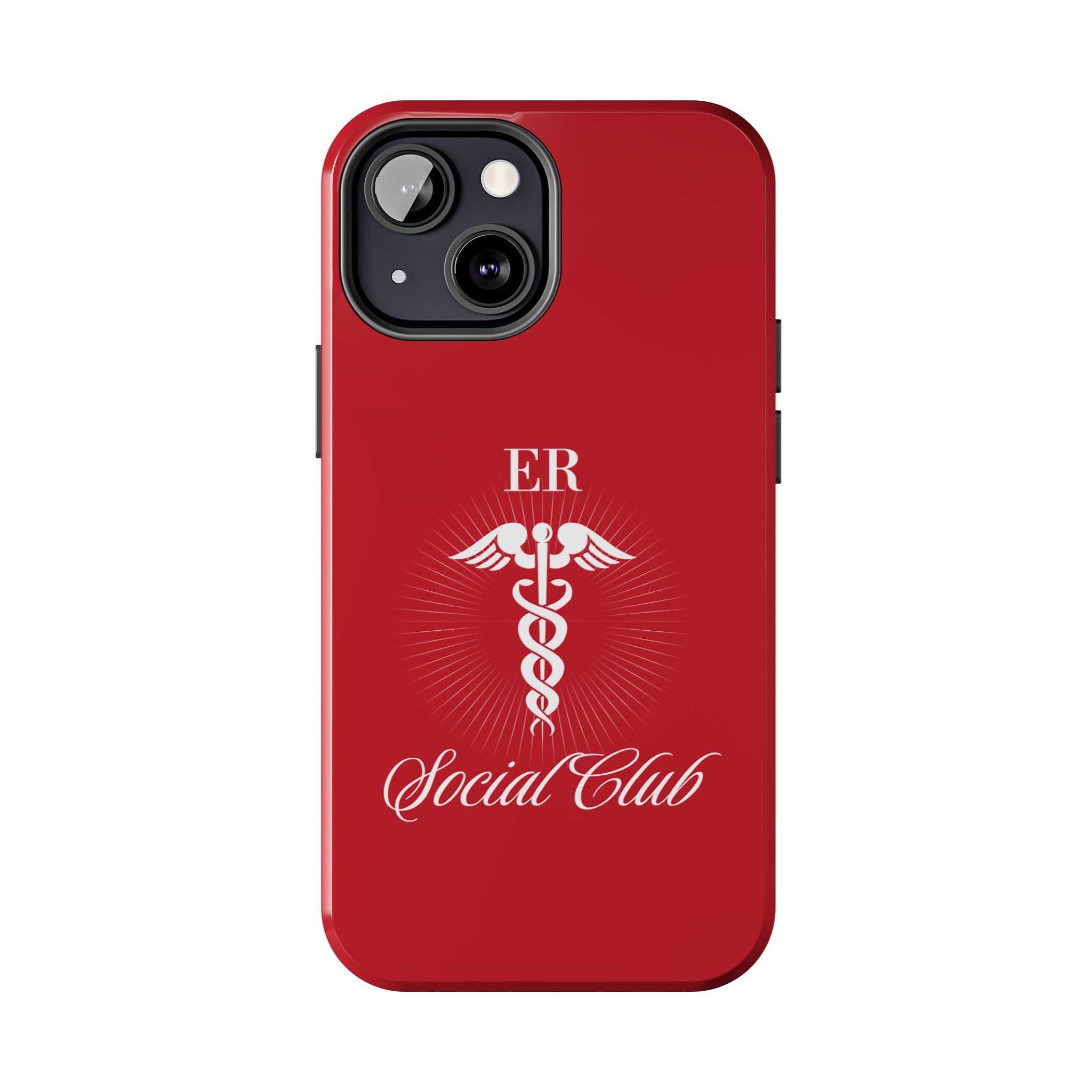 ER Social Club tough phone case in vibrant red with a white Caduceus symbol, representing emergency medical services. The case features the text 'ER Social Club' in elegant script, combining style with durable protection for healthcare professionals. Compatible with iPhone and Samsung models, this case offers impact resistance and a glossy finish for a professional and stylish look.