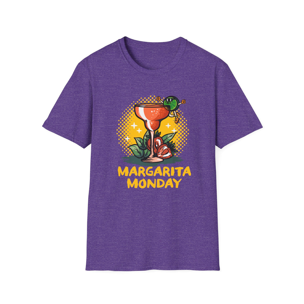 a purple T-shirt with a "Margarita Monday" design, featuring a vibrant margarita glass illustration and bold yellow text. This is one of the trendy Margarita Monday T-shirt styles, adding a fun and playful vibe to her casual look, perfect for celebrating Margarita Monday in style.