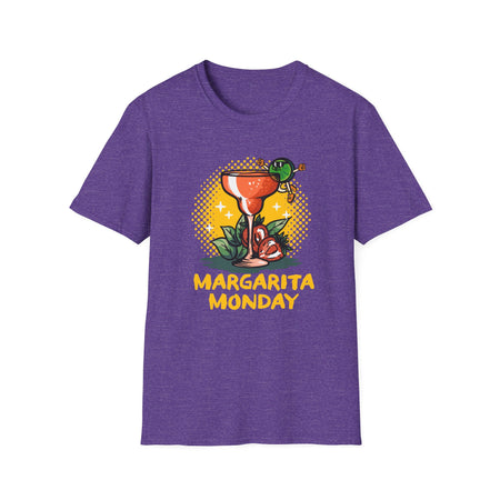 a purple T-shirt with a "Margarita Monday" design, featuring a vibrant margarita glass illustration and bold yellow text. This is one of the trendy Margarita Monday T-shirt styles, adding a fun and playful vibe to her casual look, perfect for celebrating Margarita Monday in style.