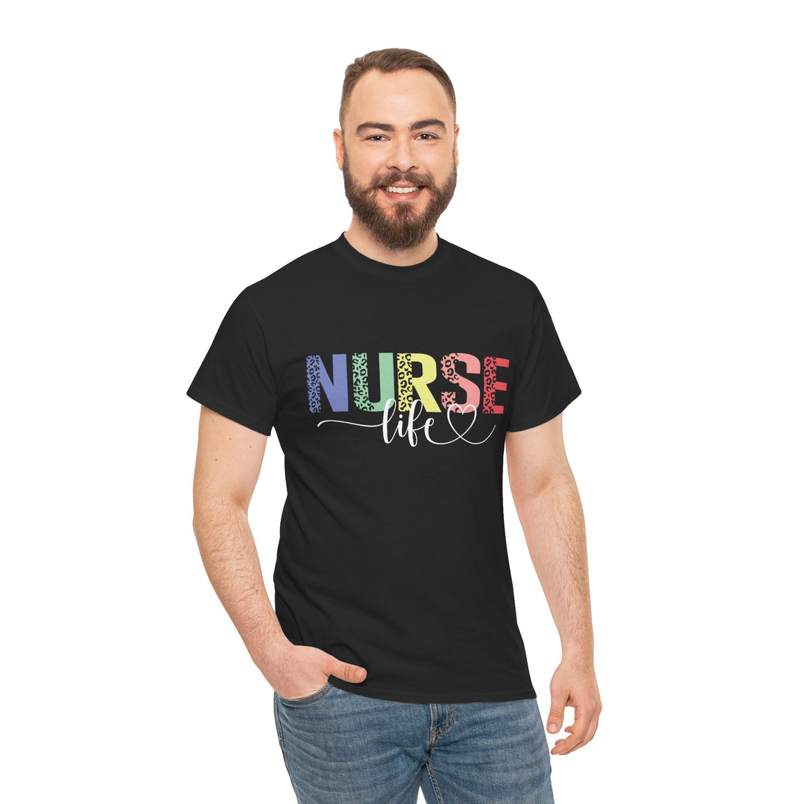 a man wearing A black t-shirt with a colorful 'Nurse Life' design, showcasing nurse life t-shirt nurse week ideas for a stylish and professional look.