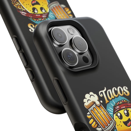 Black iPhone 16 magnetic phone case featuring a playful 'Tacos B4 Vatos' design with a cheerful taco character holding a frothy beer mug. Perfect for taco lovers who want a fun and unique phone accessory.