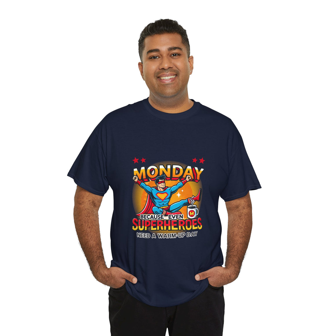 a Man wearing a Royal Blue t-shirt with a humorous design featuring a superhero and the text 'Monday - Because Even Superheroes Need a Warm-Up Day.' A playful option in funny t-shirts for adults.