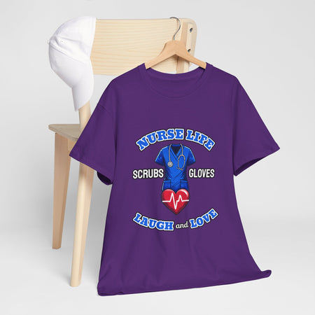  a purple T-shirt with the design "Nurse Life - Scrubs, Gloves, Laugh and Love," featuring a stethoscope and heart symbol. This shirt is part of a Nurse Week clothing gift collection, ideal for nurses to celebrate and showcase their dedication. Perfect for Nurse Week clothing gifts for nurses.