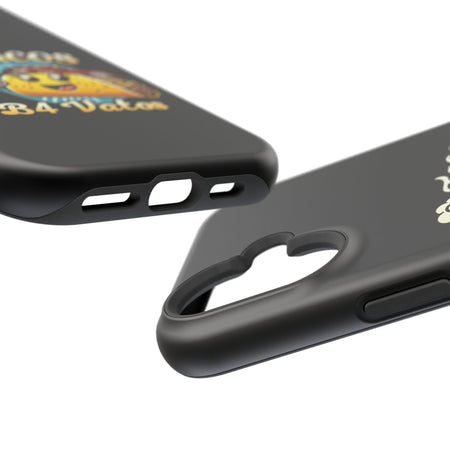 Black iPhone 16 magnetic phone case featuring a playful 'Tacos B4 Vatos' design with a cheerful taco character holding a frothy beer mug. Perfect for taco lovers who want a fun and unique phone accessory.