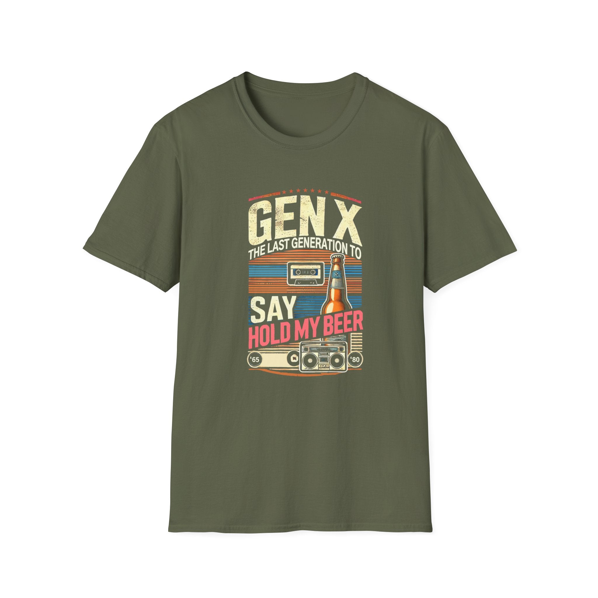 A retro-inspired design featuring the phrase 'Gen X, the last generation to say hold my beer,' along with vintage elements like a cassette tape, beer bottle, and boombox. Perfect for Generation X individuals who appreciate nostalgic humor and classic style.