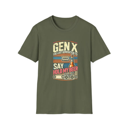 A retro-inspired design featuring the phrase 'Gen X, the last generation to say hold my beer,' along with vintage elements like a cassette tape, beer bottle, and boombox. Perfect for Generation X individuals who appreciate nostalgic humor and classic style.