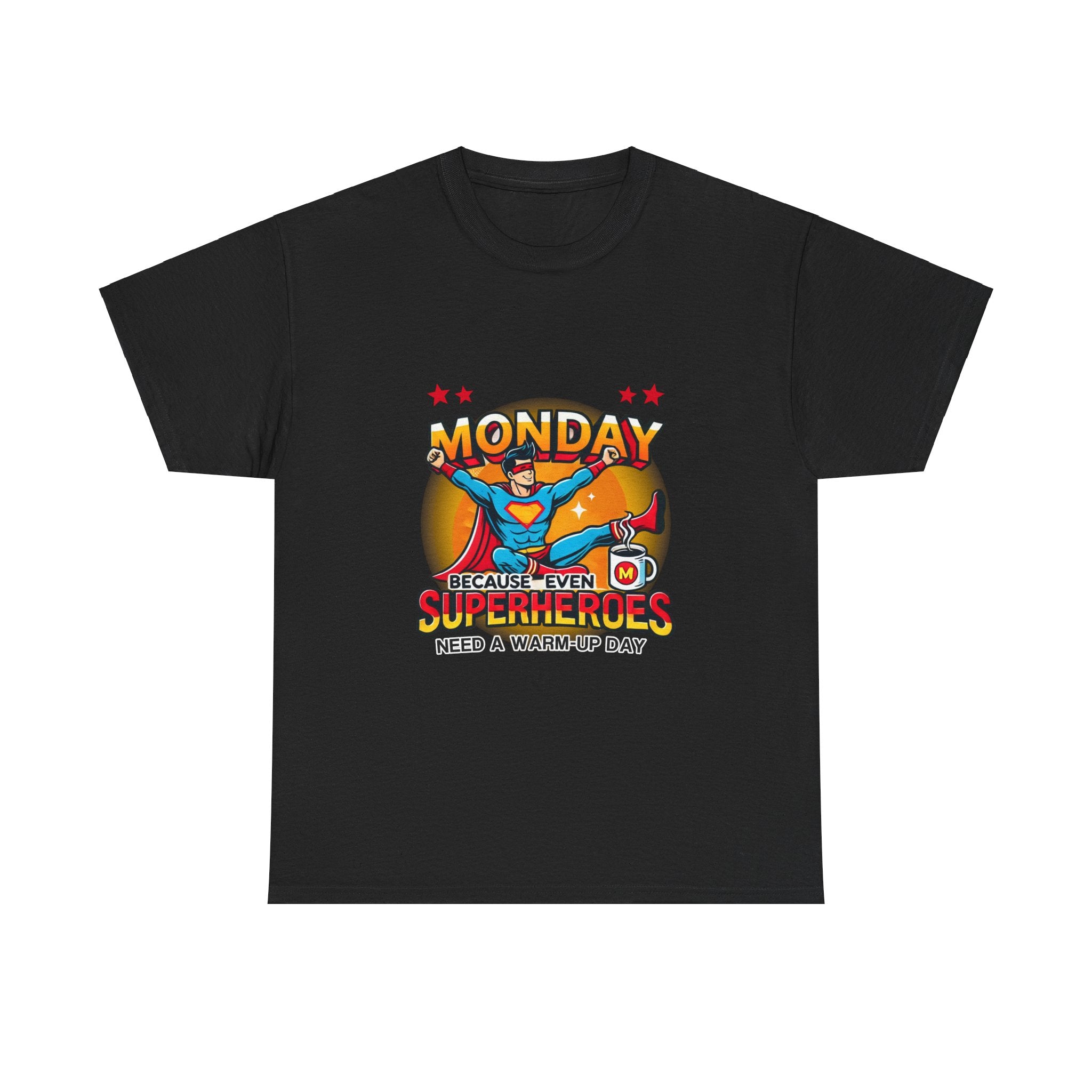 a black t-shirt with a humorous design featuring a superhero and the text 'Monday - Because Even Superheroes Need a Warm-Up Day.' A playful option in funny t-shirts for adults.