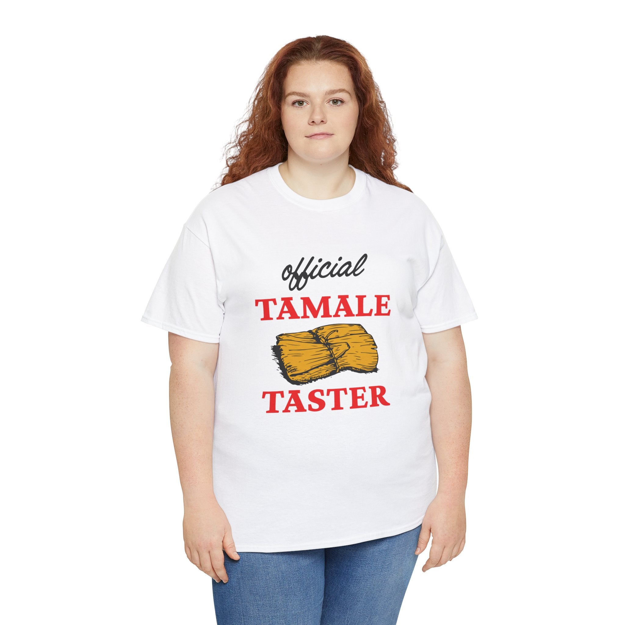 Woman wearing a white shirt with the text 'Official Tamale Taster' and an illustration of a tamale, perfect for funny Christmas shirts and holiday gatherings.