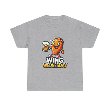 Wing Wednesday' t-shirt featuring a cheerful, cartoon-style chicken wing character holding a beer mug. Perfect for those who love celebrating Wing Wednesday with a fun and playful design.