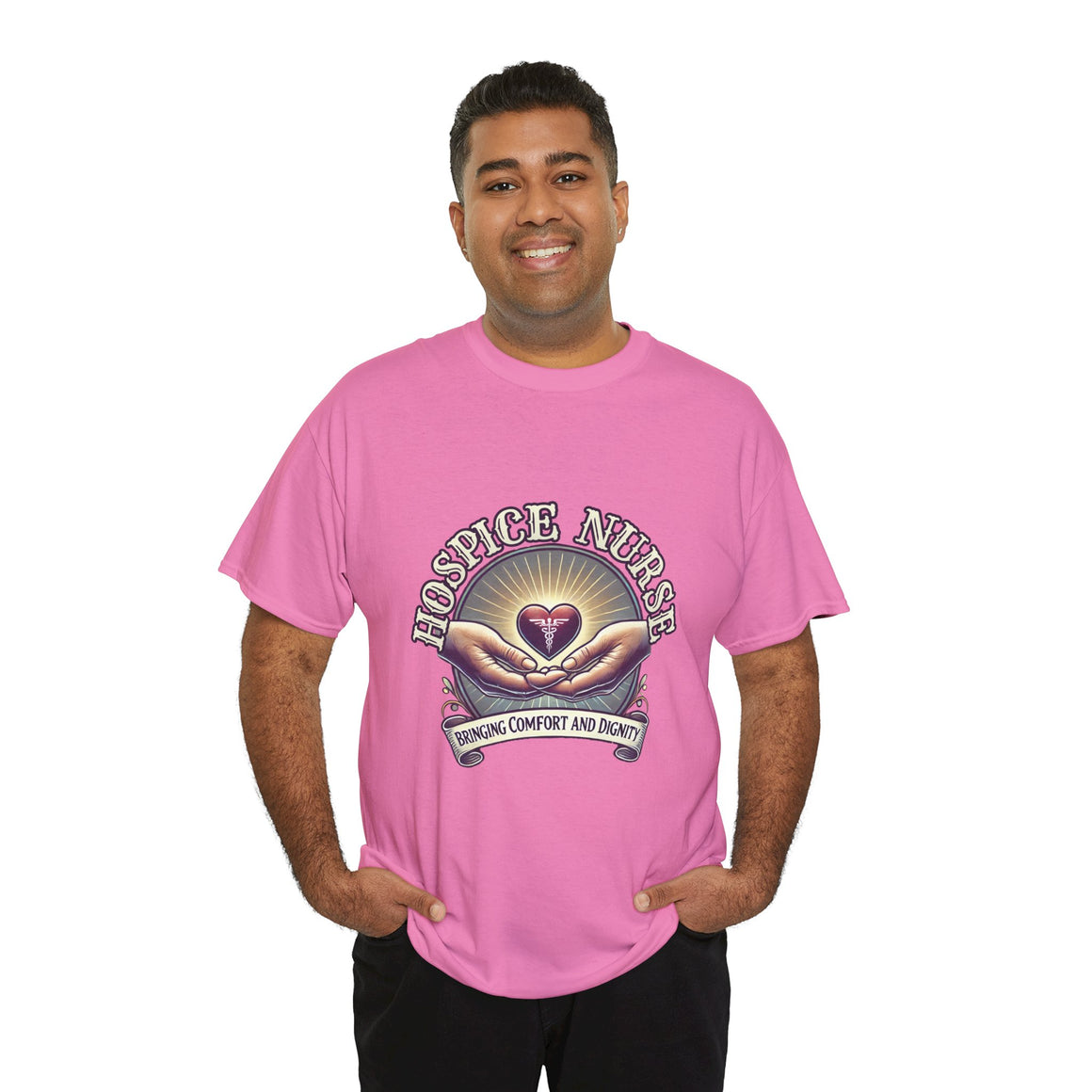 Hot Pink Hospice nurse t-shirt featuring a compassionate design with hands holding a heart and the phrase 'Bringing Comfort and Dignity,' symbolizing the care and support provided by hospice nurses. Ideal for hospice nurses who are dedicated to their mission.