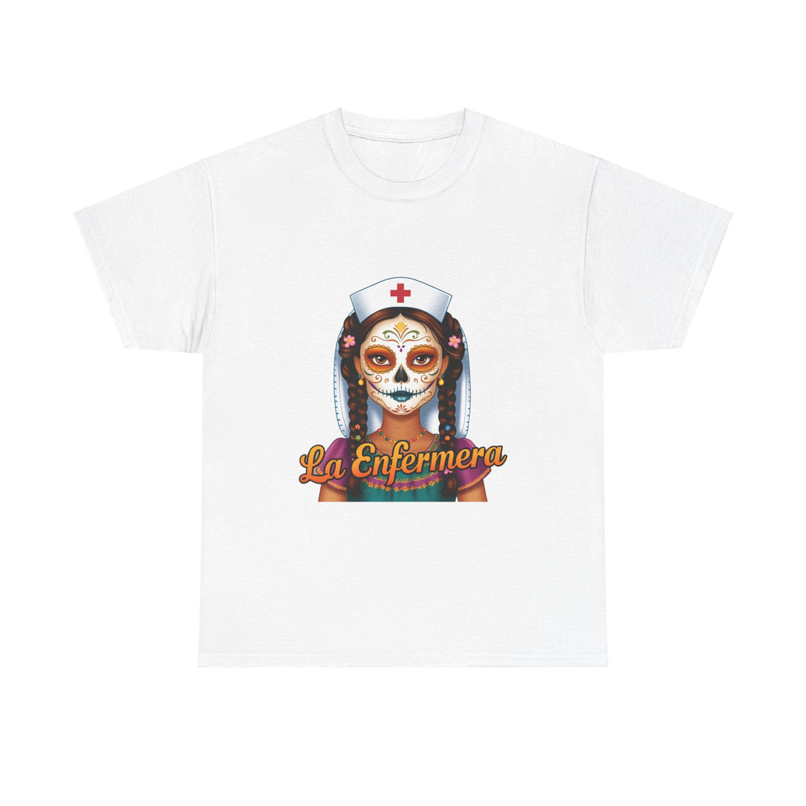A picture of a nurse wearing a t shirt with a graphic of the day of the dead nurse on the front and it reads La Enfermera