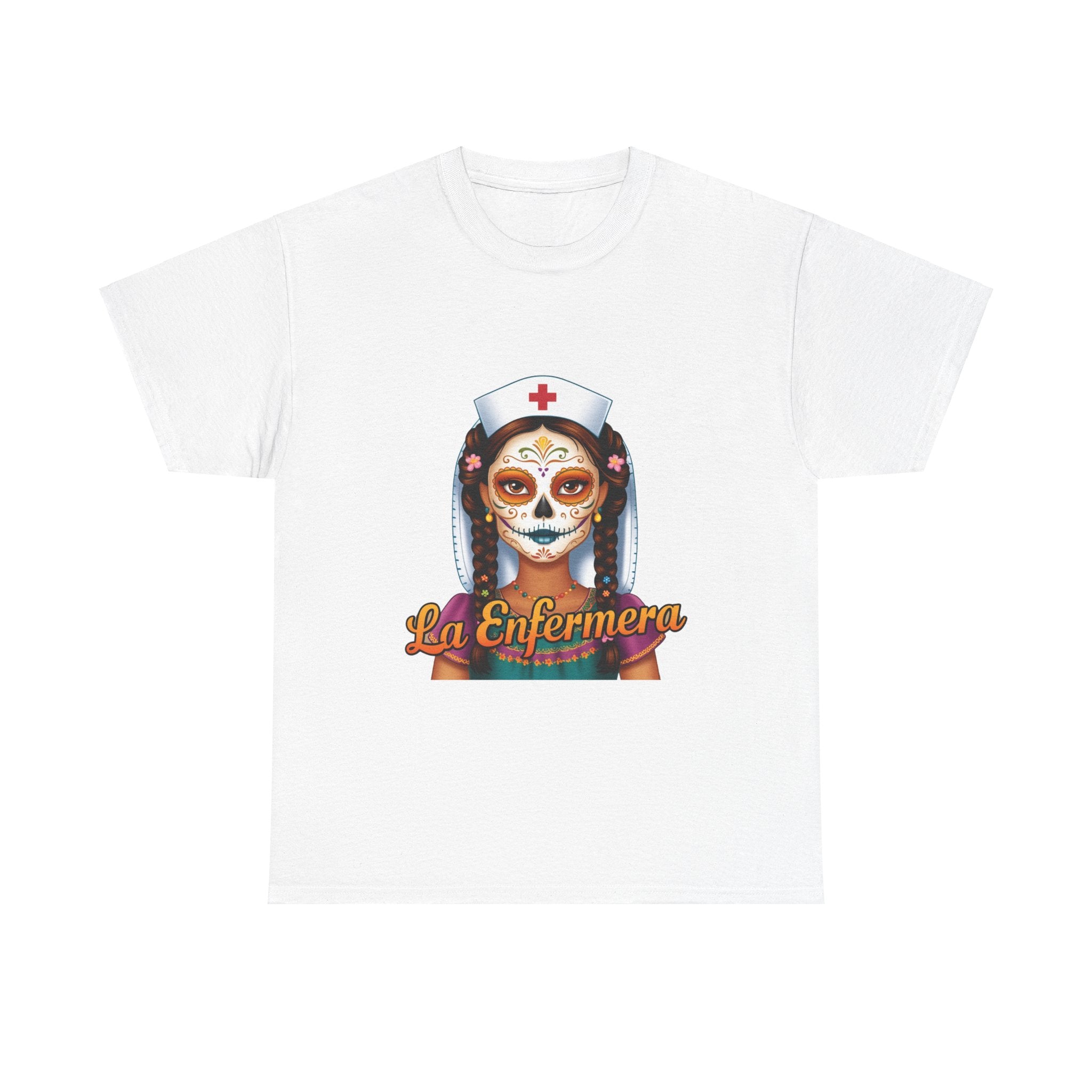 A picture of a nurse wearing a t shirt with a graphic of the day of the dead nurse on the front and it reads La Enfermera
